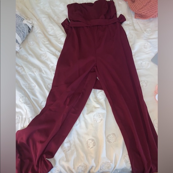 Burgundy strapless tie jumpsuit - Picture 2 of 2